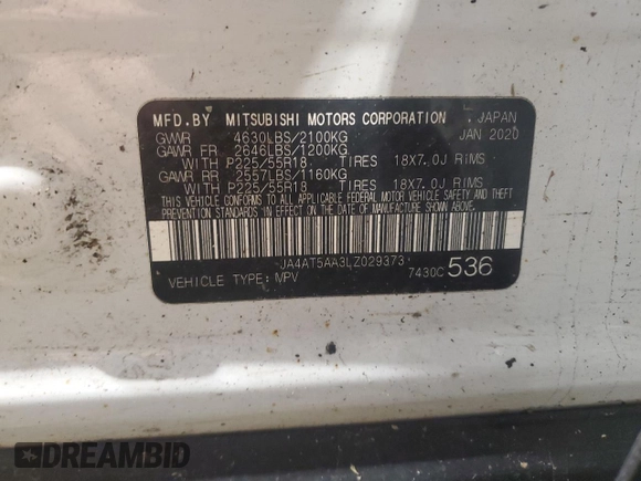 2020 Mitsubishi Eclipse Cross SE z VIN JA4AT5AA3LZ029373, wystawiony jako Copart lot #86059134 z przebiegiem 74 993 mil mil oraz Szkoda całkowita • Salvage title. Historia ofert i sprzedaży dostępna na DreamBid. Obrazek 13.