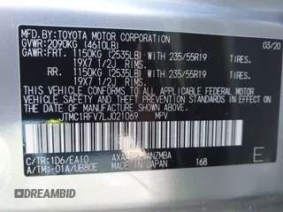 2020 Toyota RAV4 XLE Premium with VIN JTMC1RFV7LJ021069, listed as a IAAI auction lot 41701623 with 25,459 mi miles. Bid and sale history available at carsss.com. Image 9.