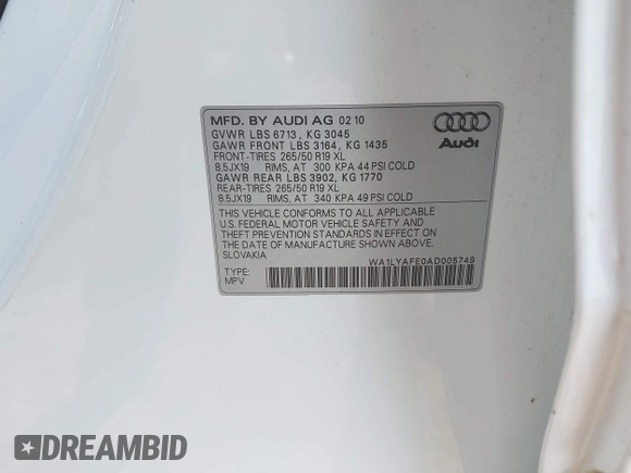 2010 Audi Q7 Premium Plus with VIN WA1LYAFE0AD005749, listed as a IAAI auction lot 42076797 with 174,166 mi miles and . Bid and sale history available at DreamBid. Image 9.