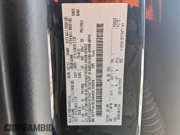 2017 Ford F-150 XL with VIN 1FTEW1EG4HKE35894, listed as a Copart auction lot 61594075 with 165,686 mi miles and Clean title. Bid and sale history available at DreamBid. Image 12.
