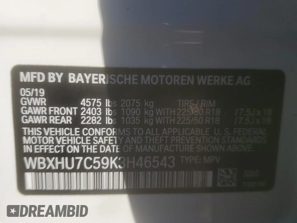 2019 BMW X1 sDrive28i with VIN WBXHU7C59K3H46543, listed as a Copart auction lot 49720815 with 97,836 mi miles and Clean Title. Bid and sale history available at carsss.com. Image 12.