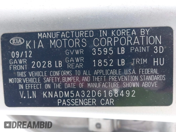 2013 Kia Rio LX with VIN KNADM5A32D6168492, listed as a IAAI auction lot 42144898 with 127,228 mi miles. Bid and sale history available at carsss.com. Image 9.
