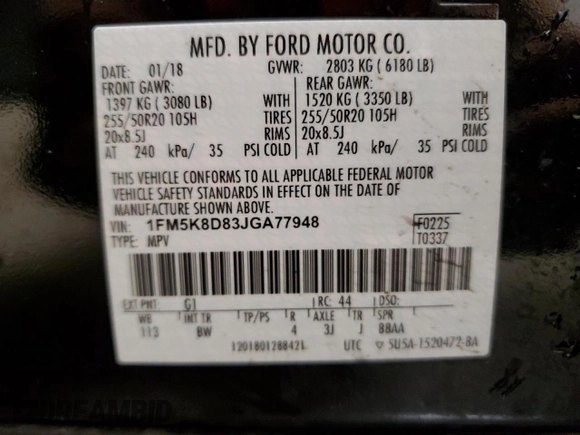 2018 Ford Explorer XLT with VIN 1FM5K8D83JGA77948, listed as a Copart auction lot 48333605 with 83,471 mi miles and Salvage Title. Bid and sale history available at carsss.com. Image 13.