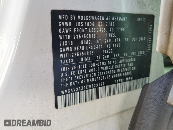 2014 Volkswagen Tiguan SE z VIN WVGAV3AX1EW523157, wystawiony jako Copart lot #82111894 z przebiegiem 103 172 mil mil oraz Szkoda całkowita • Salvage title. Historia ofert i sprzedaży dostępna na DreamBid. Obrazek 16.