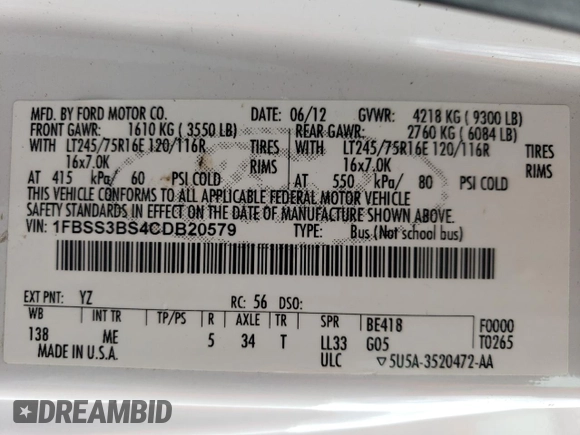 2012 Ford Econoline Passenger XL with VIN 1FBSS3BS4CDB20579, listed as a Copart auction lot 50754515 with 189,191 mi miles and Salvage Title. Bid and sale history available at DreamBid. Image 13.