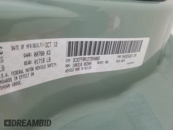 2013 FIAT 500 Sport with VIN 3C3CFFBR1DT554865, listed as a Copart auction lot 58783695 with 87,235 mi miles and Salvage title. Bid and sale history available at DreamBid. Image 12.