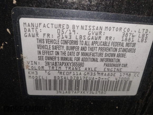 2019 Nissan Sentra SR with VIN 3N1AB7APXKY365980, listed as a IAAI auction lot 41843701 with 77,282 mi miles and . Bid and sale history available at DreamBid. Image 9.