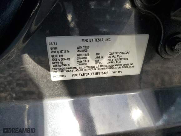 2021 Tesla Model Y Long Range with VIN 5YJYGAEE5MF211422, listed as a Copart auction lot 50157885 with 43,415 mi miles and Salvage Title. Bid and sale history available at carsss.com. Image 13.