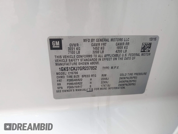 2016 GMC Yukon Denali with VIN 1GKS1CKJ7GR237852, listed as a IAAI auction lot 41944398 with 65,703 mi miles. Bid and sale history available at carsss.com. Image 9.