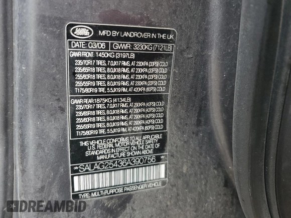 2006 Land Rover LR3 HSE with VIN SALAG25436A390756, listed as a Copart auction lot 56380045 with 210,493 mi miles and Salvage title. Bid and sale history available at DreamBid. Image 13.