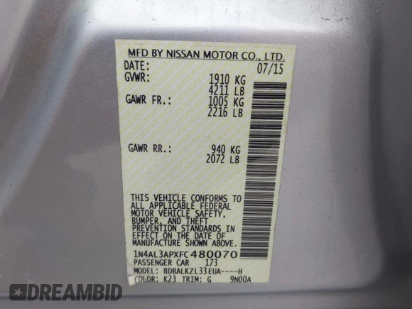 2015 Nissan Altima SL z VIN 1N4AL3APXFC480070, wystawiony jako IAAI lot #42281524 z przebiegiem 106 963 mil mil oraz . Historia ofert i sprzedaży dostępna na DreamBid. Obrazek 9.