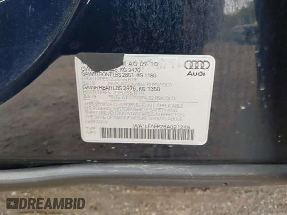 2011 Audi Q5 Premium Plus with VIN WA1LFAFP2BA021249, listed as a IAAI auction lot 42255857 with Not Provided miles and . Bid and sale history available at DreamBid. Image 9.