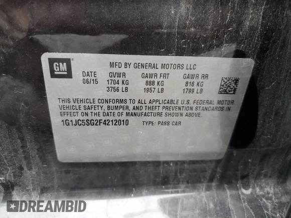 2015 Chevrolet Sonic LT with VIN 1G1JC5SG2F4212010, listed as a Copart auction lot 58732505 with 39,299 mi miles and Salvage title. Bid and sale history available at DreamBid. Image 12.
