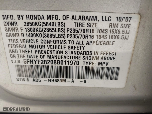 2008 Honda Pilot VP with VIN 5FNYF28208B011970, listed as a IAAI auction lot 41841857 with 174,513 mi miles. Bid and sale history available at carsss.com. Image 9.