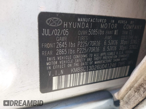 2006 Hyundai Santa Fe GLS z VIN KM8SC13D26U041246, wystawiony jako IAAI lot #42060188 z przebiegiem 150 002 mil mil oraz . Historia ofert i sprzedaży dostępna na DreamBid. Obrazek 9.