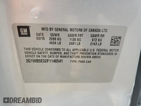 2015 Chevrolet Impala LT с VIN 2G1WB5E32F1146541, выставлен на аукционе Copart как лот 58146485 с пробегом 121 177 миль миль и Чистый • Clean title. История ставок и продаж доступна на DreamBid. Изображение 12.