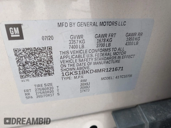 2021 GMC Yukon SLT with VIN 1GKS1BKD4MR121671, listed as a IAAI auction lot 41498510 with 49,109 mi miles. Bid and sale history available at carsss.com. Image 9.