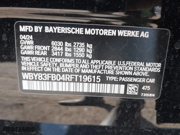 2024 BMW i4 xDrive40 with VIN WBY83FB04RFT19615, listed as a IAAI auction lot 41679918 with 3,883 mi miles. Bid and sale history available at carsss.com. Image 9.
