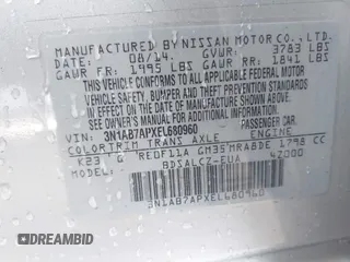 2014 Nissan Sentra S with VIN 3N1AB7APXEL680960, listed as a IAAI auction lot 41641025 with 94,467 mi miles and . Bid and sale history available at DreamBid. Image 9.