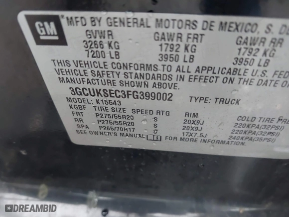 2015 Chevrolet Silverado 1500 LTZ with VIN 3GCUKSEC3FG399002, listed as a IAAI auction lot 41546823 with 167,983 mi miles. Bid and sale history available at carsss.com. Image 9.