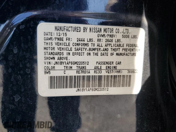 2016 Infiniti Q70 with VIN JN1BY1AP6GM220512, listed as a Copart auction lot 59299085 with 156,087 mi miles and Salvage title. Bid and sale history available at DreamBid. Image 12.
