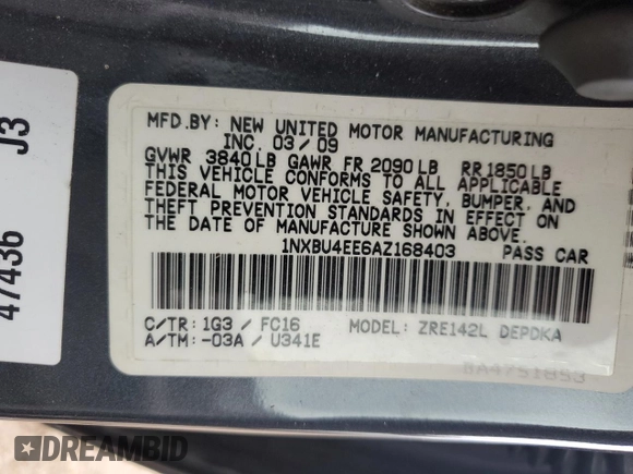 2010 Toyota Corolla with VIN 1NXBU4EE6AZ168403, listed as a Copart auction lot 58733185 with 158,599 mi miles and Salvage title. Bid and sale history available at DreamBid. Image 12.