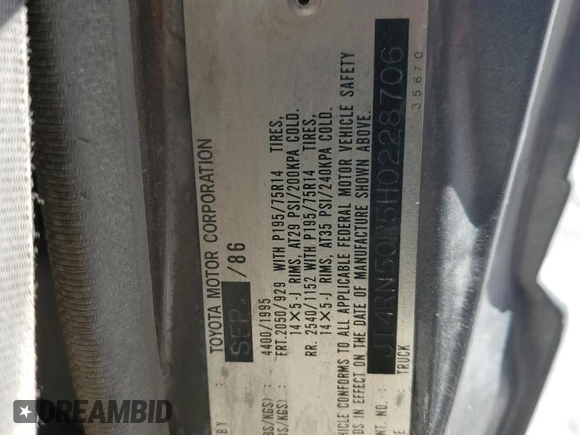 1987 Toyota Pickup with VIN JT4RN50R5H0228706, listed as a Copart auction lot 50639045 with 296,043 mi miles and Salvage Title. Bid and sale history available at DreamBid. Image 12.