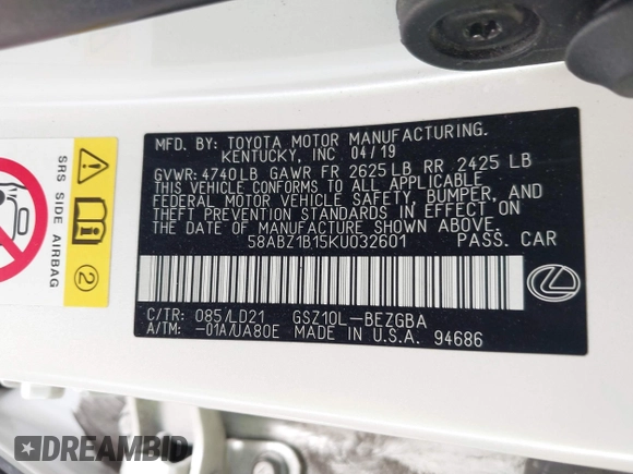 2019 Lexus ES 350 with VIN 58ABZ1B15KU032601, listed as a IAAI auction lot 42334337 with 82,599 mi miles and . Bid and sale history available at DreamBid. Image 9.