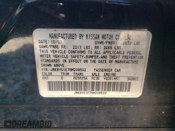 2008 Infiniti G35 with VIN JNKBV61E78M208502, listed as a Copart auction lot 86356974 with Not Provided miles and Clean Title. Bid and sale history available at DreamBid. Image 12.