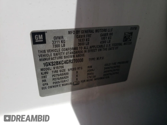 2016 GMC Yukon SLT with VIN 1GKS2BKC4GR270008, listed as a Copart auction lot 48519255 with 0 mi miles and Salvage Title. Bid and sale history available at carsss.com. Image 13.