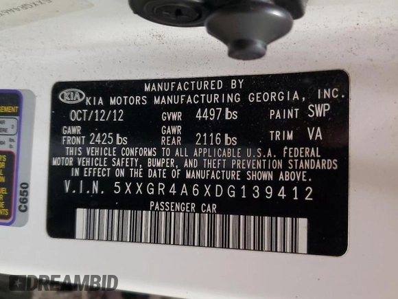 2013 Kia Optima SX with VIN 5XXGR4A6XDG139412, listed as a Copart auction lot 60223285 with 139,884 mi miles and Salvage title. Bid and sale history available at DreamBid. Image 13.