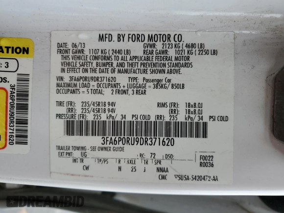 2013 Ford Fusion Titanium Hybrid with VIN 3FA6P0RU9DR371620, listed as a Copart auction lot 83109754 with 176,770 mi miles and Salvage Title. Bid and sale history available at carsss.com. Image 14.