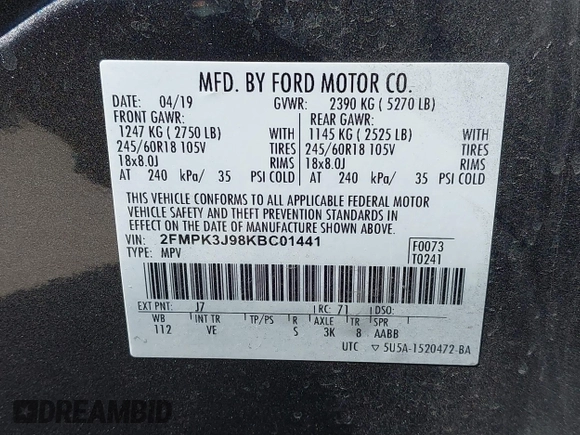 2019 Ford Edge SEL with VIN 2FMPK3J98KBC01441, listed as a IAAI auction lot 41878033 with 92,226 mi miles. Bid and sale history available at carsss.com. Image 9.