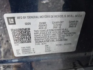 2020 Chevrolet Equinox LS with VIN 3GNAXSEV9LS649784, listed as a IAAI auction lot 41977188 with 57,982 mi miles. Bid and sale history available at carsss.com. Image 9.