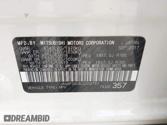 2018 Mitsubishi Outlander ES with VIN JA4AP3AU9JZ009760, listed as a IAAI auction lot 42198687 with 132,221 mi miles and . Bid and sale history available at DreamBid. Image 9.