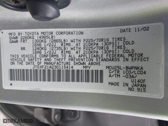 2003 Toyota Highlander with VIN JTEHF21A230115414, listed as a IAAI auction lot 41731716 with 105,941 mi miles. Bid and sale history available at carsss.com. Image 9.