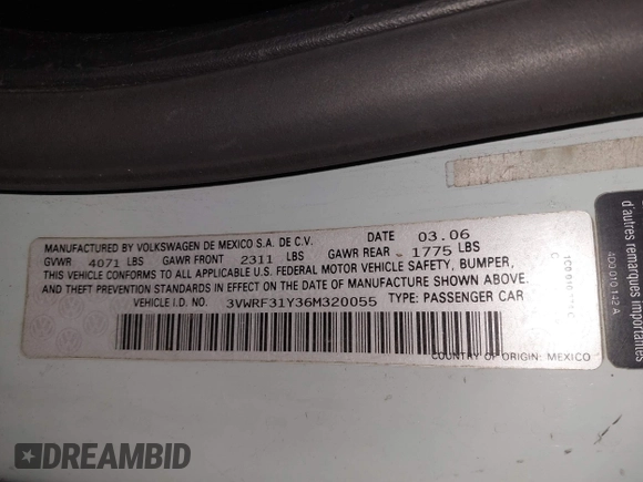 2006 Volkswagen Beetle z VIN 3VWRF31Y36M320055, wystawiony jako IAAI lot #42015054 z przebiegiem 123 350 mil mil oraz . Historia ofert i sprzedaży dostępna na DreamBid. Obrazek 9.
