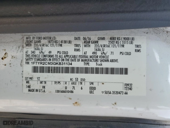 2016 Ford Transit Cargo Van with VIN 1FTYR2CM3GKB31134, listed as a Copart auction lot 70293794 with 65,457 mi miles and Salvage Title. Bid and sale history available at carsss.com. Image 13.