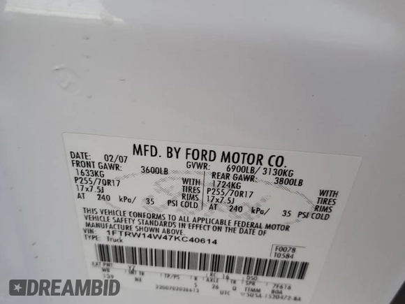 2007 Ford F-150 XLT with VIN 1FTRW14W47KC40614, listed as a Copart auction lot 42415565 with 295,398 mi miles and Salvage title. Bid and sale history available at DreamBid. Image 12.