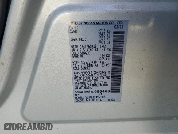 2014 Nissan Pathfinder S with VIN 5N1AR2MN9EC686469, listed as a Copart auction lot 48762295 with 111,508 mi miles and Salvage Title. Bid and sale history available at carsss.com. Image 15.