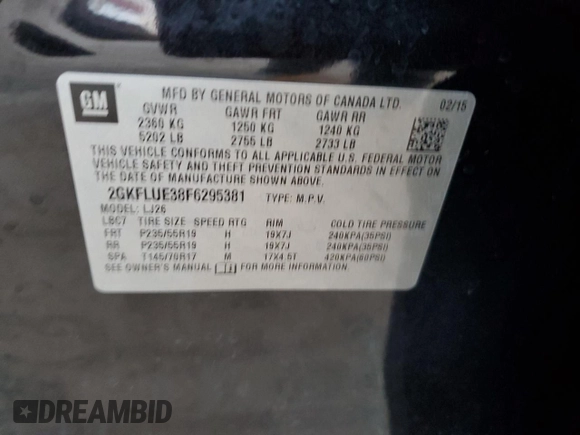 2015 GMC Terrain Denali with VIN 2GKFLUE38F6295381, listed as a Copart auction lot 85575294 with 29,133 mi miles and Salvage Title. Bid and sale history available at DreamBid. Image 15.