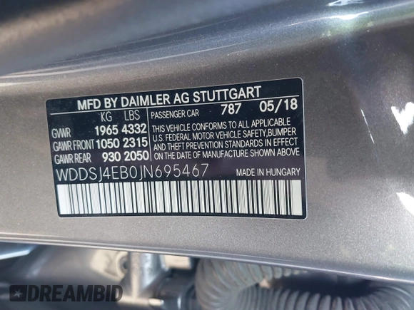 2018 Mercedes-Benz CLA 250 with VIN WDDSJ4EB0JN695467, listed as a IAAI auction lot 42024593 with 59,622 mi miles and . Bid and sale history available at DreamBid. Image 9.