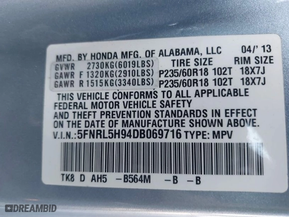 2013 Honda Odyssey Touring with VIN 5FNRL5H94DB069716, listed as a IAAI auction lot 41901369 with 243,492 mi miles. Bid and sale history available at carsss.com. Image 9.