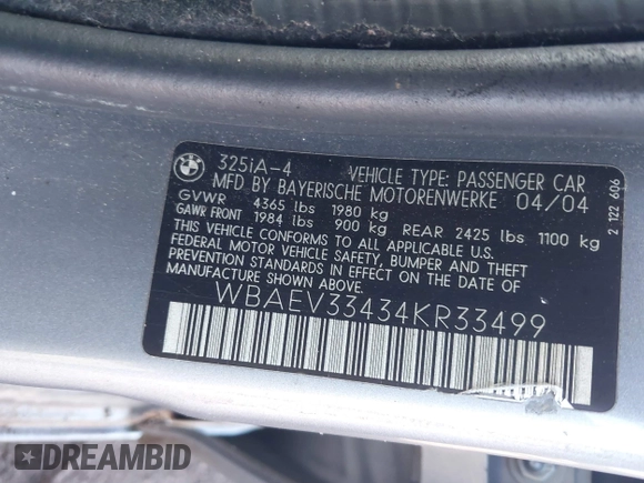 2004 BMW 3 Series 325i with VIN WBAEV33434KR33499, listed as a IAAI auction lot 41874981 with 216,828 mi miles. Bid and sale history available at carsss.com. Image 9.