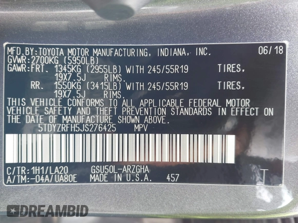 2018 Toyota Highlander Limited with VIN 5TDYZRFH5JS276425, listed as a IAAI auction lot 42070369 with 129,215 mi miles and . Bid and sale history available at DreamBid. Image 9.