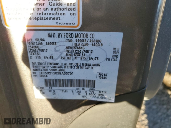 2005 Ford F-250 XL с VIN 1FTSX21505EA55701, выставлен на аукционе Copart как лот 41413775 с пробегом 132 275 миль миль и Чистый • Clean title. История ставок и продаж доступна на DreamBid. Изображение 12.