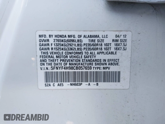 2012 Honda Pilot Touring with VIN 5FNYF4H98CB057659, listed as a IAAI auction lot 41927990 with 140,000 mi miles. Bid and sale history available at carsss.com. Image 9.