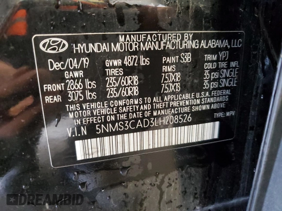 2020 Hyundai Santa Fe SEL with VIN 5NMS3CAD3LH208526, listed as a Copart auction lot 51529395 with 103,569 mi miles and Salvage Title. Bid and sale history available at carsss.com. Image 14.
