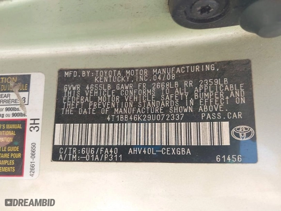 2009 Toyota Camry Hybrid with VIN 4T1BB46K29U072337, listed as a IAAI auction lot 41873120 with 229,533 mi miles. Bid and sale history available at carsss.com. Image 9.