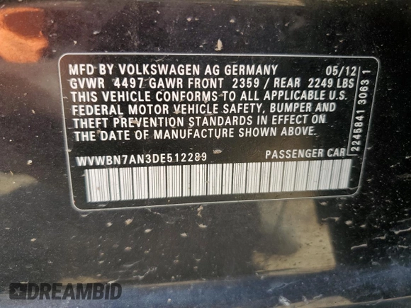 2013 Volkswagen CC R-Line z VIN WVWBN7AN3DE512289, wystawiony jako Copart lot #51865735 z przebiegiem 69 799 mil mil oraz Szkoda całkowita • Salvage title. Historia ofert i sprzedaży dostępna na DreamBid. Obrazek 12.
